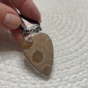 Gorgeous FOSSIL CORAL Handmade Sterling 925 Pendant/Cord #174E